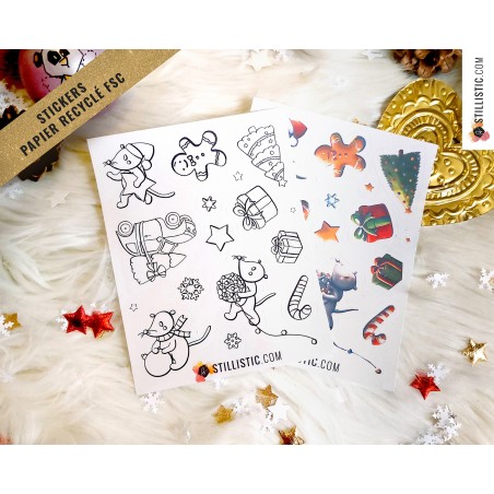 Planche stickers papier coloriables souris Noël