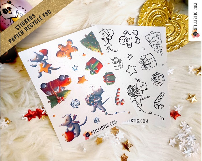 Planche stickers papier coloriables souris Noël