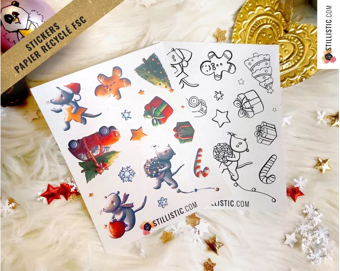 Planche stickers papier coloriables souris Noël