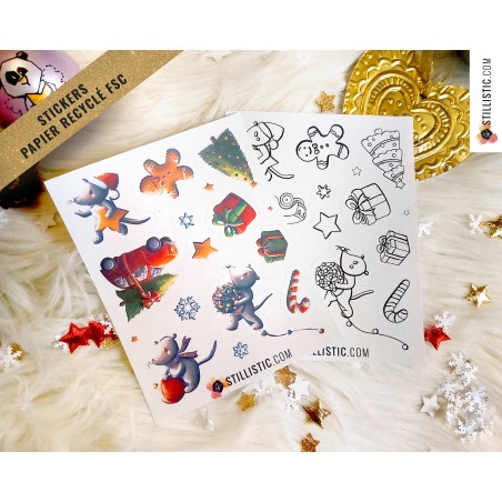 Planche stickers papier coloriables souris Noël