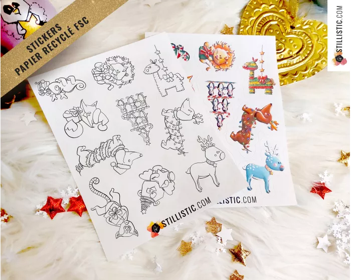 Planche stickers papier coloriables mix Noël