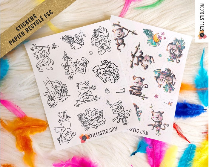 Planche stickers papier coloriables Singes émotions