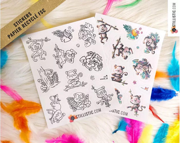 Planche stickers papier coloriables Singes émotions