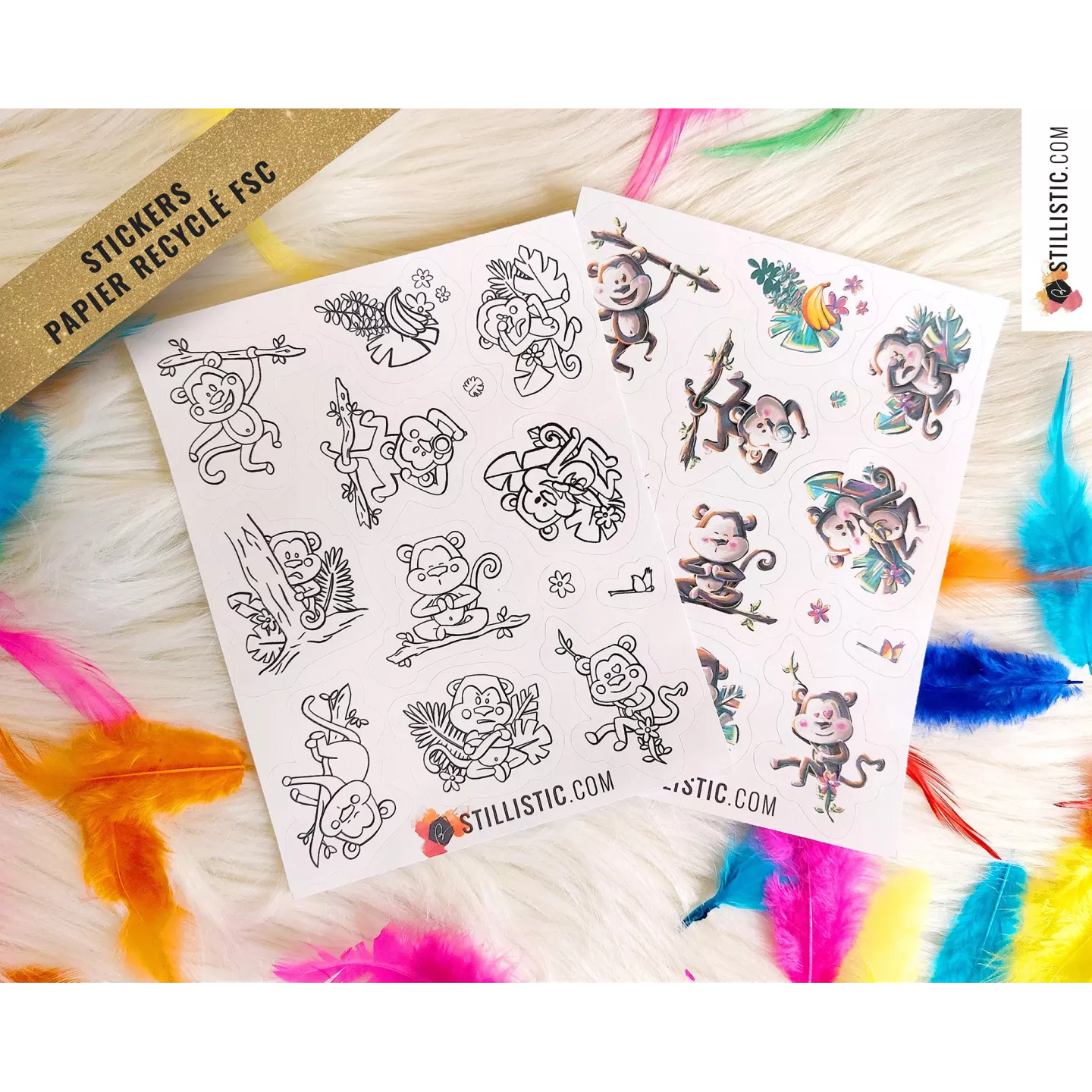 Planche stickers papier coloriables Singes émotions