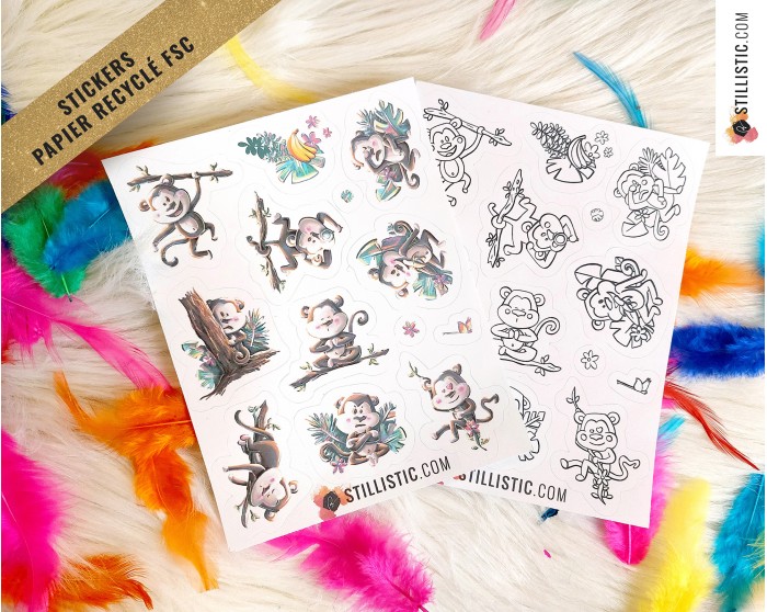 Planche stickers papier coloriables Singes émotions