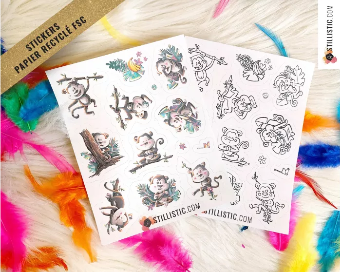 Planche stickers papier coloriables Singes émotions