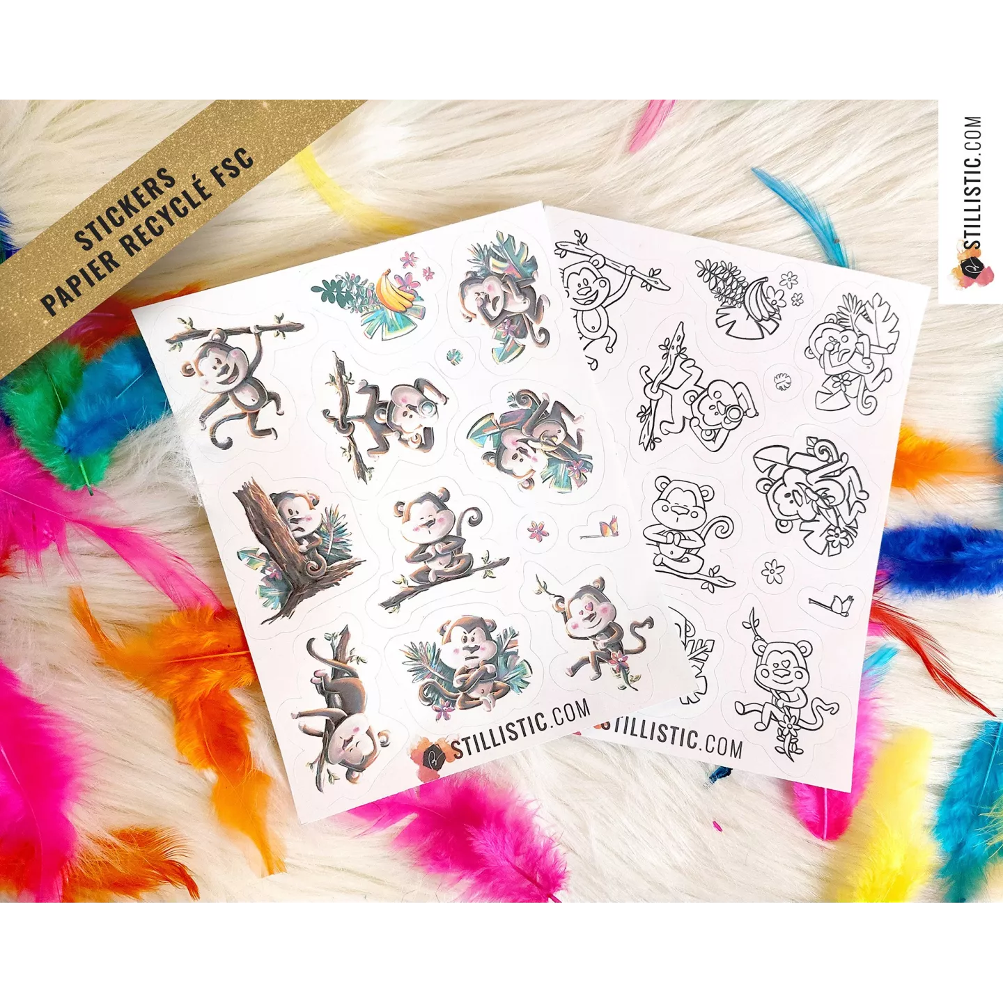 Planche stickers papier coloriables Singes émotions