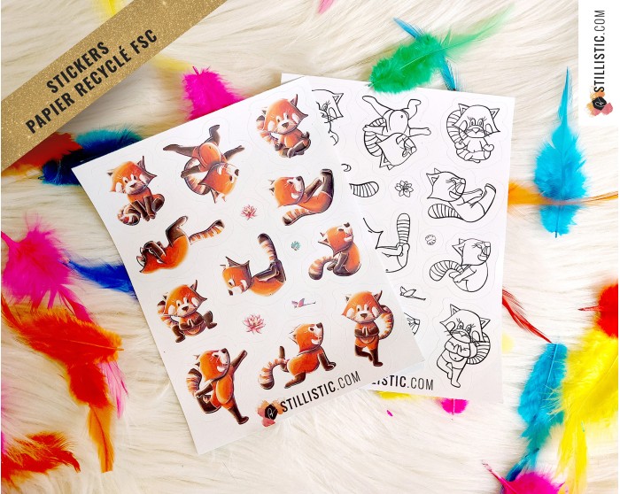 Planche stickers papier coloriables Panda Roux Yoga