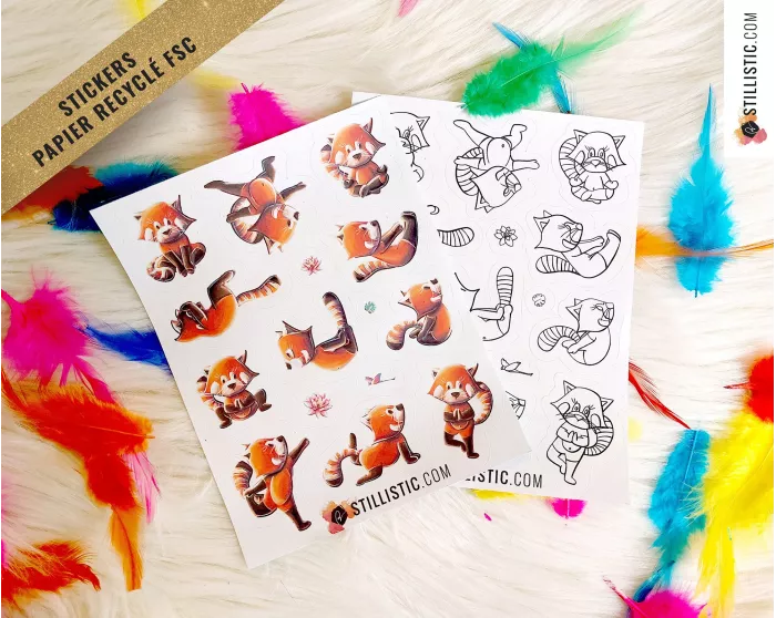 Planche stickers papier coloriables Panda Roux Yoga