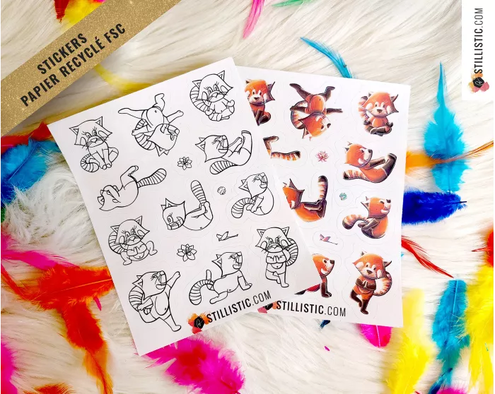 Planche stickers papier coloriables Panda Roux Yoga