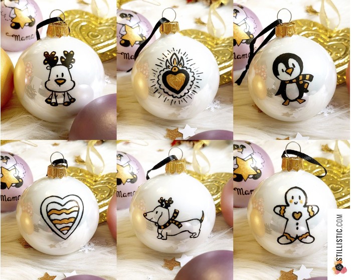 Boule en verre Mon premier Noël personnalisée prénom enfant Pingouin Renne Chat Ours Renard Licorne Panda décorée à la main Noir