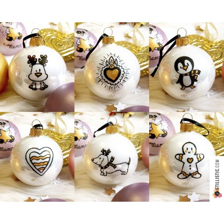 Boule en verre Mon premier Noël personnalisée prénom enfant Pingouin Renne Chat Ours Renard Licorne Panda décorée à la main Noir