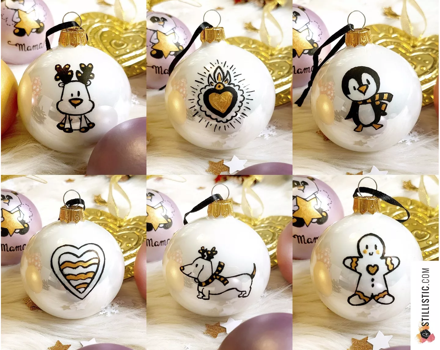 Boule en verre Mon premier Noël personnalisée prénom enfant Pingouin Renne Chat Ours Renard Licorne Panda décorée à la main Noir