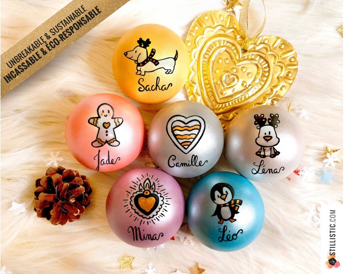 Boule incassable personnalisée éco-responsable Pingouin Ours Renard Panda Renne Chat Licorne Mon premier Noël enfant bébé en liè