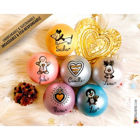 Boule incassable personnalisée éco-responsable Pingouin Ours Renard Panda Renne Chat Licorne Mon premier Noël enfant bébé en liè