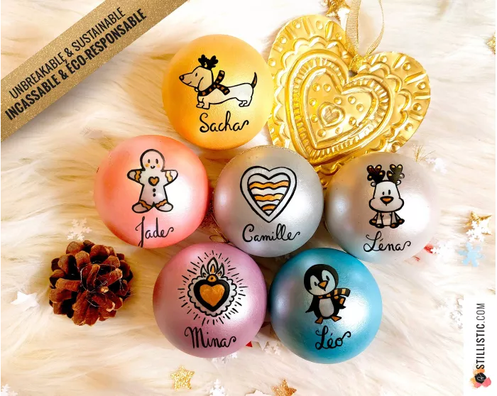 Boule incassable personnalisée éco-responsable Ours Renard Panda Renne Chat Pingouin Licorne Mon premier Noël enfant bébé en liè