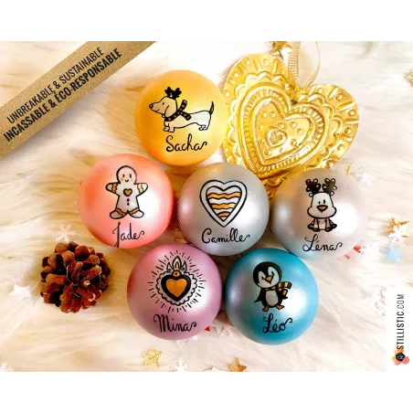 Boule incassable personnalisée éco-responsable Ours Renard Panda Renne Chat Pingouin Licorne Mon premier Noël enfant bébé en liè