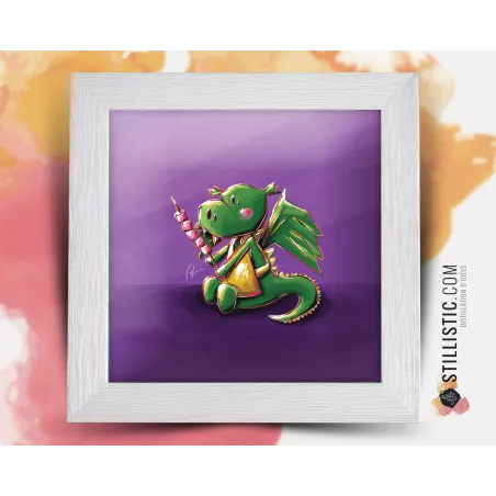 Cadre carré avec Illustration  Bébé dragon et chamallows pour Chambre Enfant bébé 25x25cm