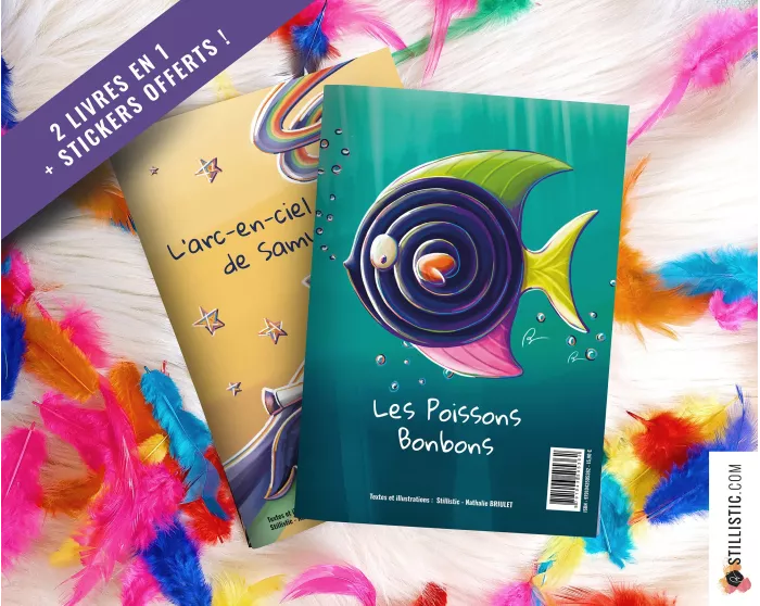 Livre 2 histoires à colorier Licorne et Poissons Bonbons + stickers offerts