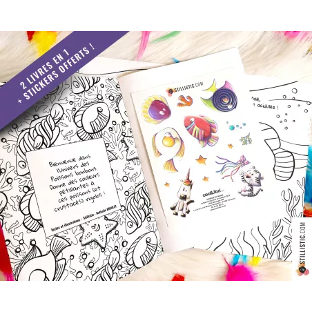 Livre 2 histoires à colorier Licorne et Poissons Bonbons + stickers offerts