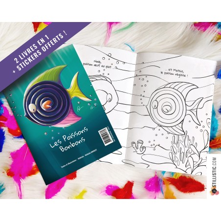 Livre 2 histoires à colorier Licorne et Poissons Bonbons + stickers offerts