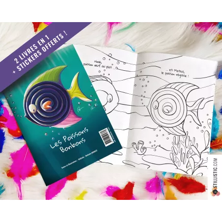 Livre 2 histoires à colorier Licorne et Poissons Bonbons + stickers offerts