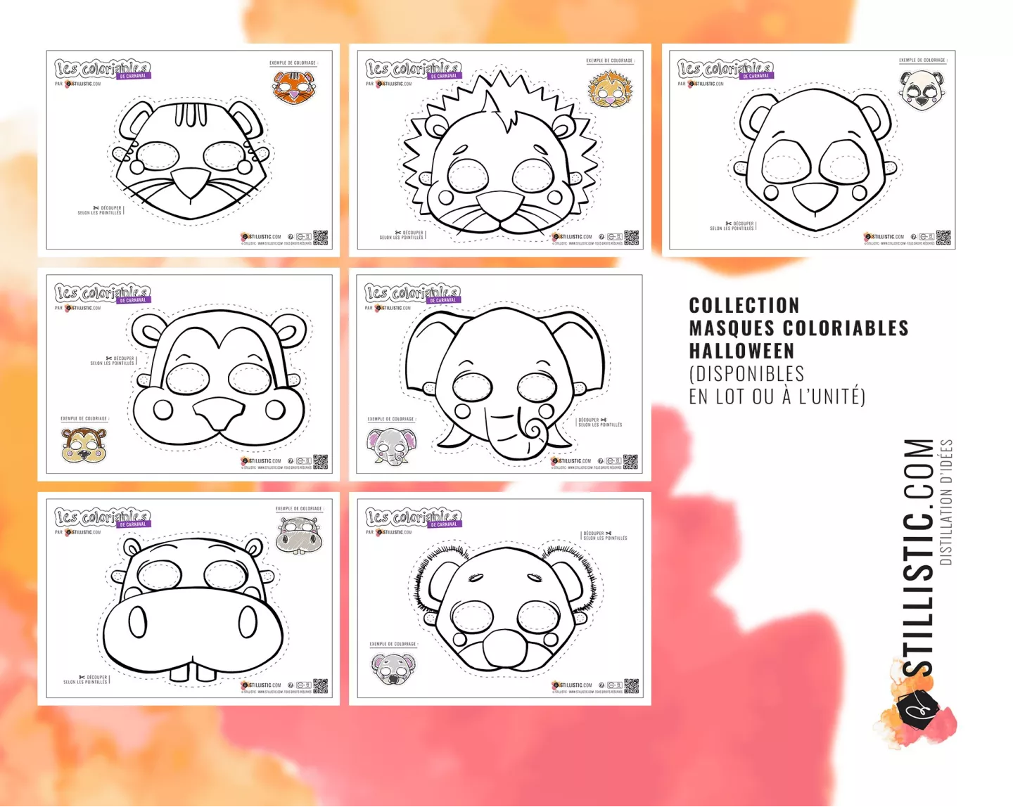 Masque enfant pour carnaval / anniversaire sur le thème des animaux au format numérique à télécharger, imprimer et colorier -