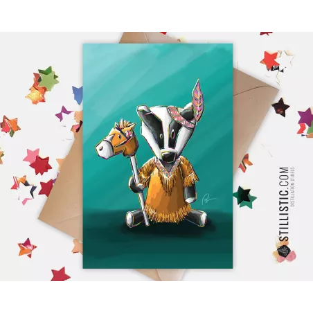 Carte de voeux papier 350g avec Illustration Originale Bébé Blaireau Squaw pour Fête des mères Amitié Anniversaire