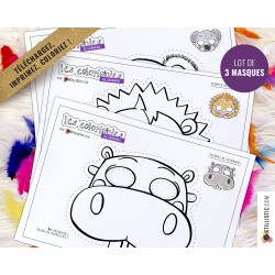 Lot 3 Masques enfant Carnaval Hippopotame Lion Koala à imprimer et colorier