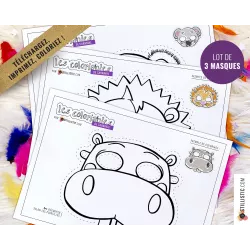 Lot 3 Masques enfant Carnaval Hippopotame Lion Koala à imprimer et colorier