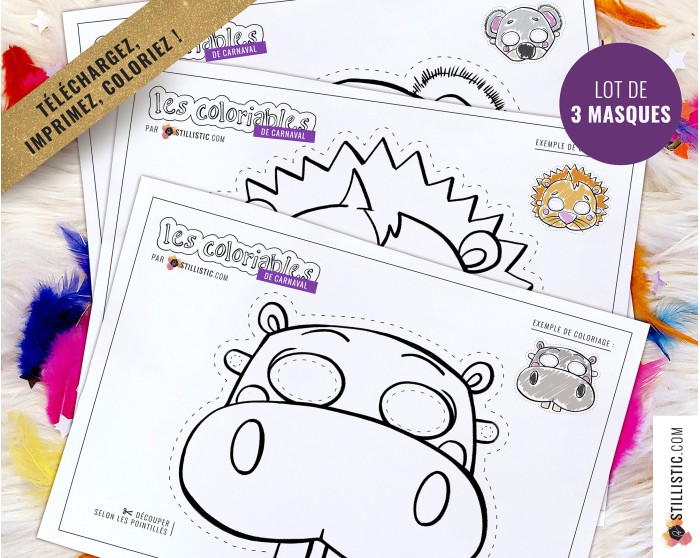 Lot 3 Masques enfant Carnaval Hippopotame Lion Koala à imprimer et colorier