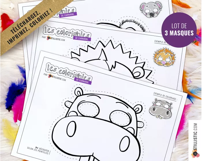 Lot 3 Masques enfant Carnaval Hippopotame Lion Koala à imprimer et colorier