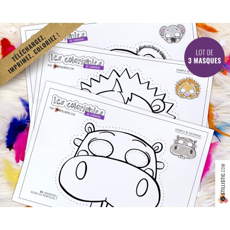 Lot 3 Masques enfant Carnaval Hippopotame Lion Koala à imprimer et colorier