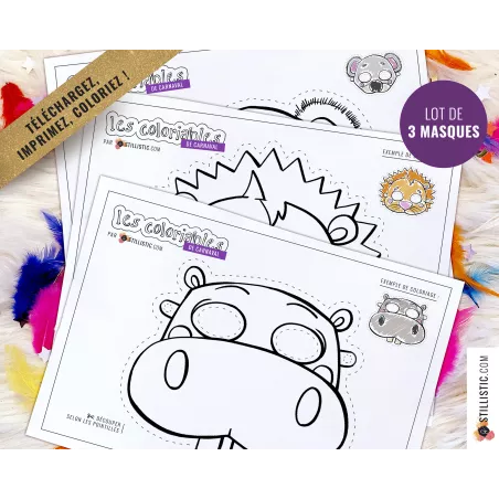 Lot 3 Masques enfant Carnaval Hippopotame Lion Koala à imprimer et colorier