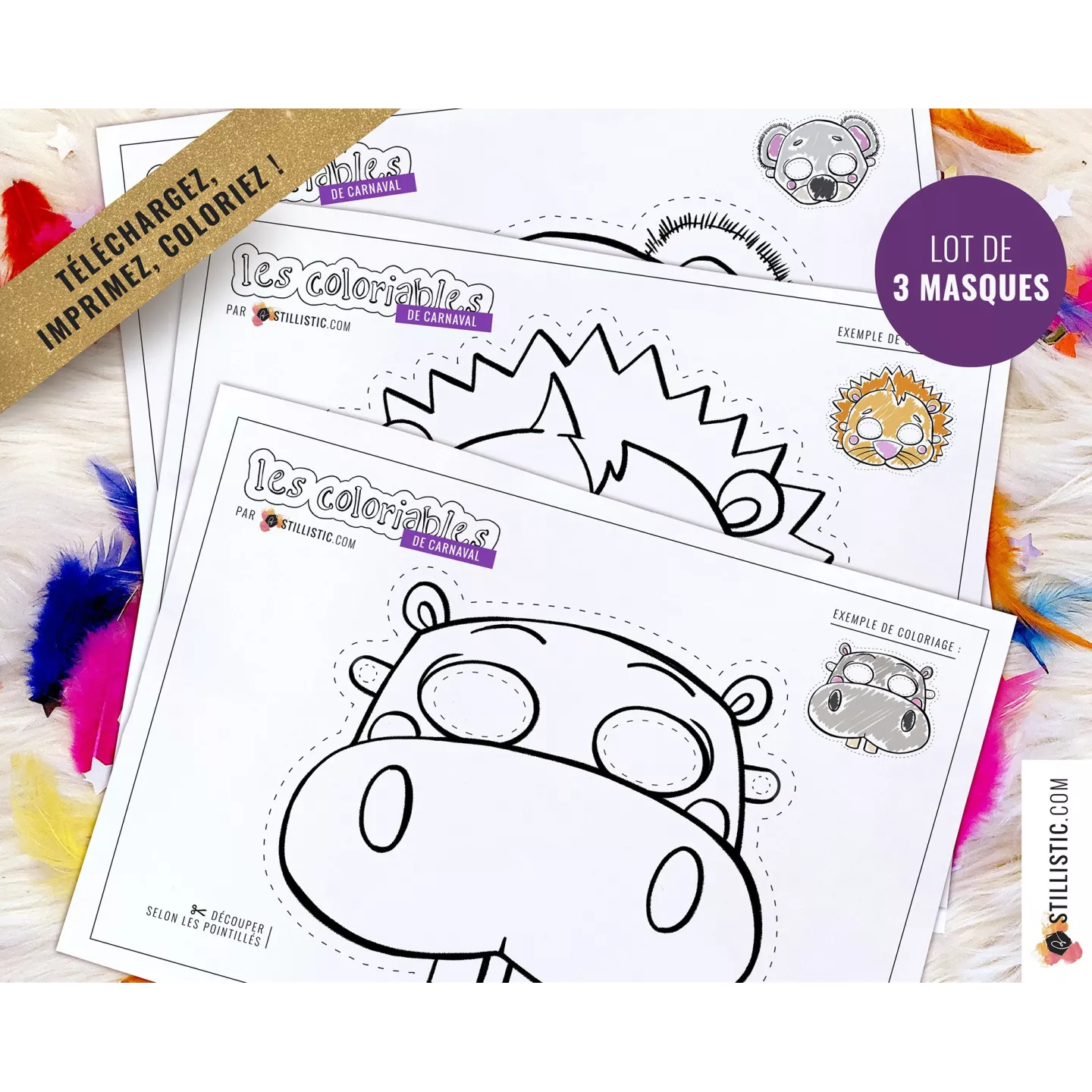 Lot 3 Masques enfant Carnaval Hippopotame Lion Koala à imprimer et colorier
