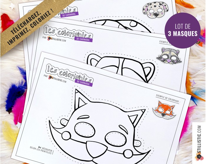 Lot 3 Masques enfant Carnaval Renard Raton-Laveur Chien à imprimer et colorier