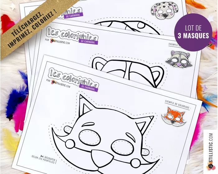 Lot 3 Masques enfant Carnaval Renard Raton-Laveur Chien à imprimer et colorier