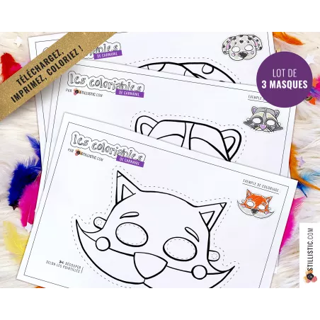Lot 3 Masques enfant Carnaval Renard Raton-Laveur Chien à imprimer et colorier