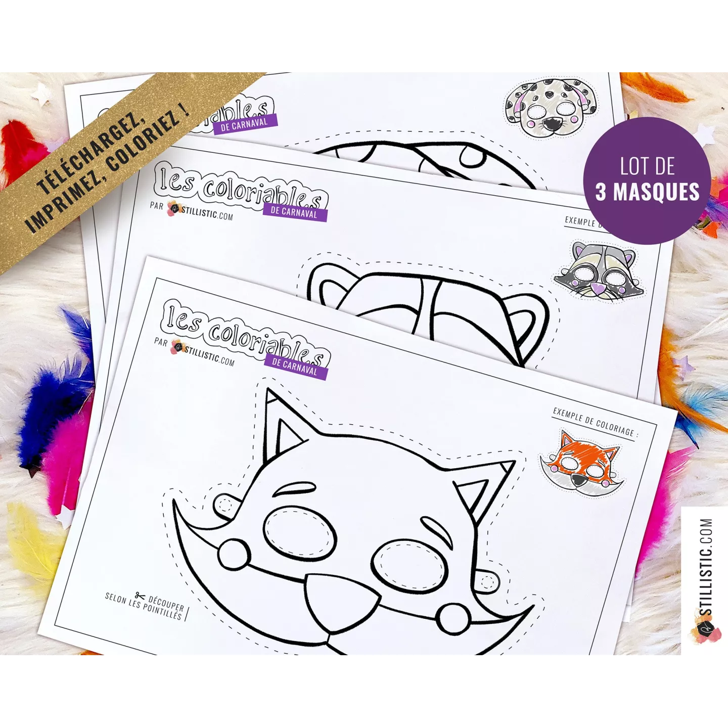 Lot 3 Masques enfant Carnaval Renard Raton-Laveur Chien à imprimer et colorier