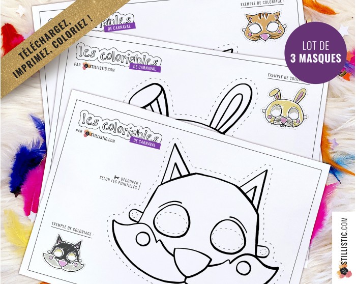 Lot 3 Masques enfant Carnaval Loup Lapin Chat à imprimer et colorier