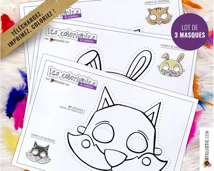 Lot 3 Masques enfant Carnaval Loup Lapin Chat à imprimer et colorier