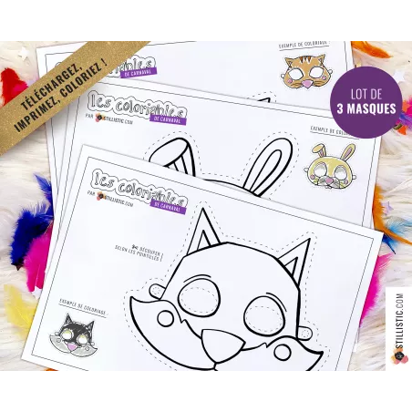 Lot 3 Masques enfant Carnaval Loup Lapin Chat à imprimer et colorier