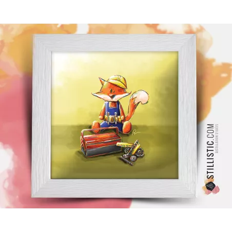 Cadre carré avec Illustration  Renardeau Bricoleur pour Chambre Enfant bébé 25x25cm