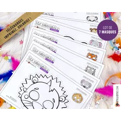 Lot 7 Masques enfant Lion Éléphant Panda Tigre Koala Singe Hippopotame à imprimer et colorier