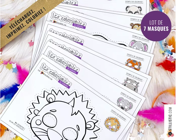 Lot 7 Masques enfant Lion Éléphant Panda Tigre Koala Singe Hippopotame à imprimer et colorier