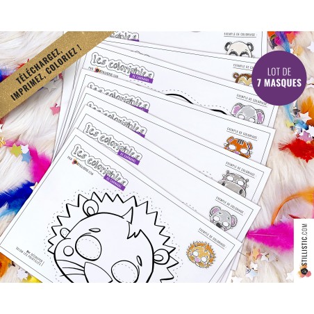 Lot 7 Masques enfant Lion Éléphant Panda Tigre Koala Singe Hippopotame à imprimer et colorier