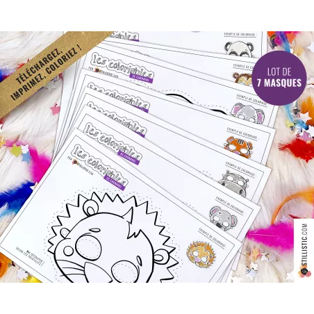 Lot 7 Masques enfant Lion Éléphant Panda Tigre Koala Singe Hippopotame à imprimer et colorier