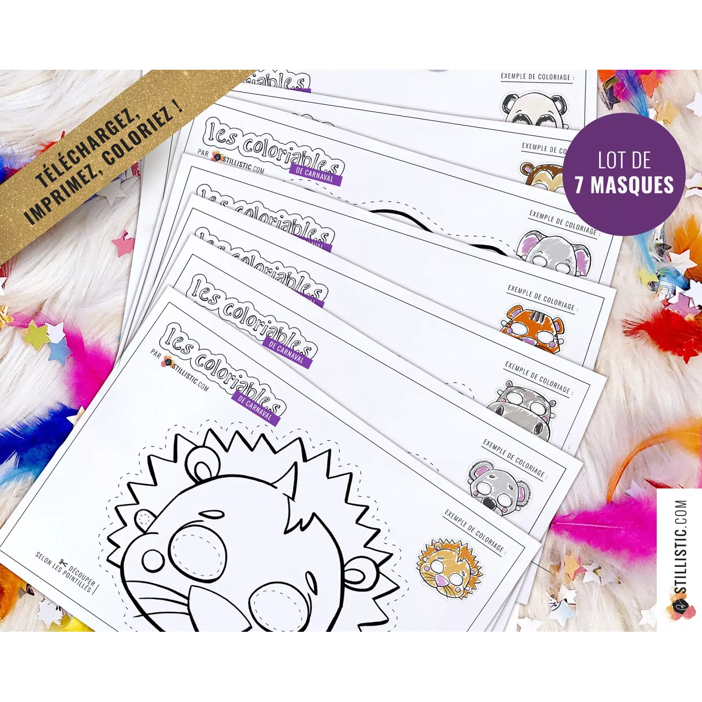 Lot 7 Masques enfant Lion Éléphant Panda Tigre Koala Singe Hippopotame à imprimer et colorier