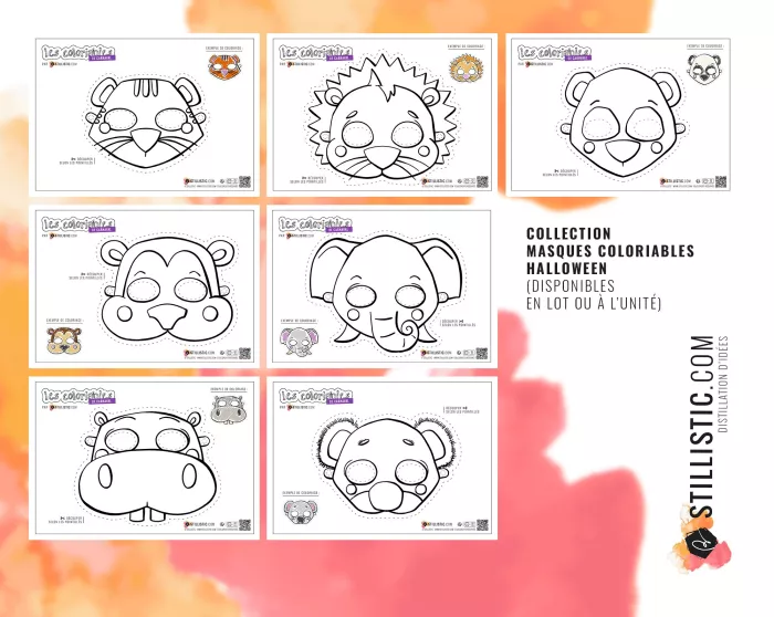 Lot 7 Masques enfant Animaux Carnaval Anniversaire à imprimer et colorier