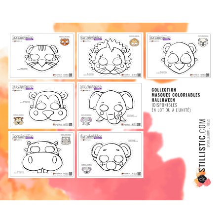 Lot 7 Masques enfant Animaux Carnaval Anniversaire à imprimer et colorier